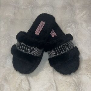 Juicy Couture Black Fuzzy Slippers with Rhinestone Accents